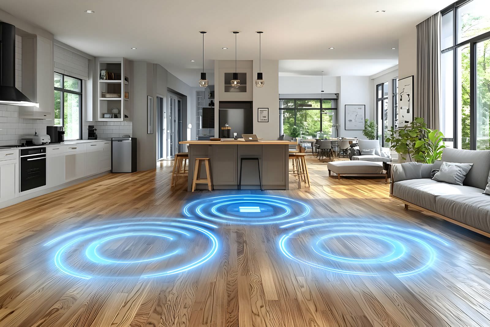 wood flooring in a home with blue swirls across the top